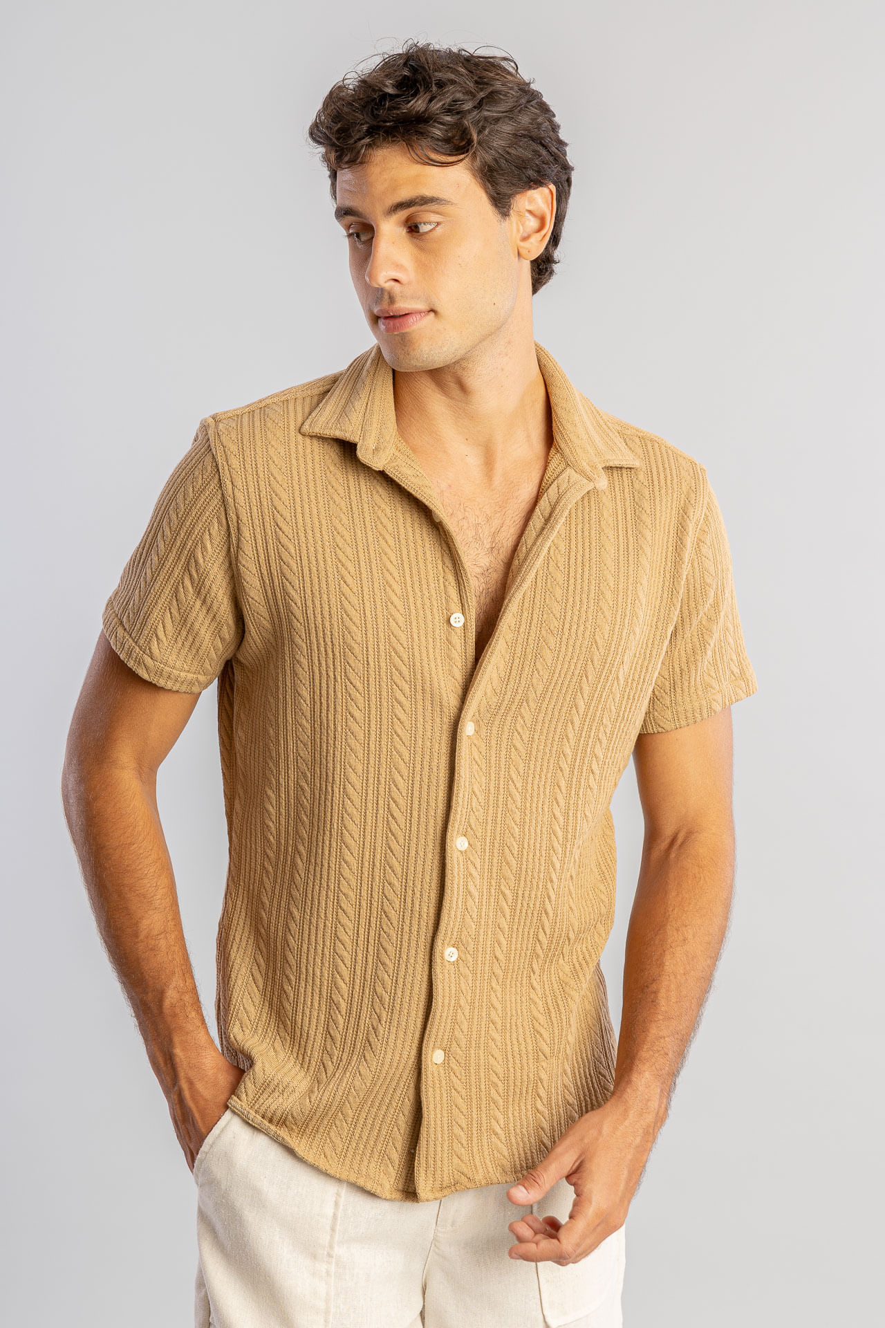 Camisa Malha Tricot Trança S26 - Caqui