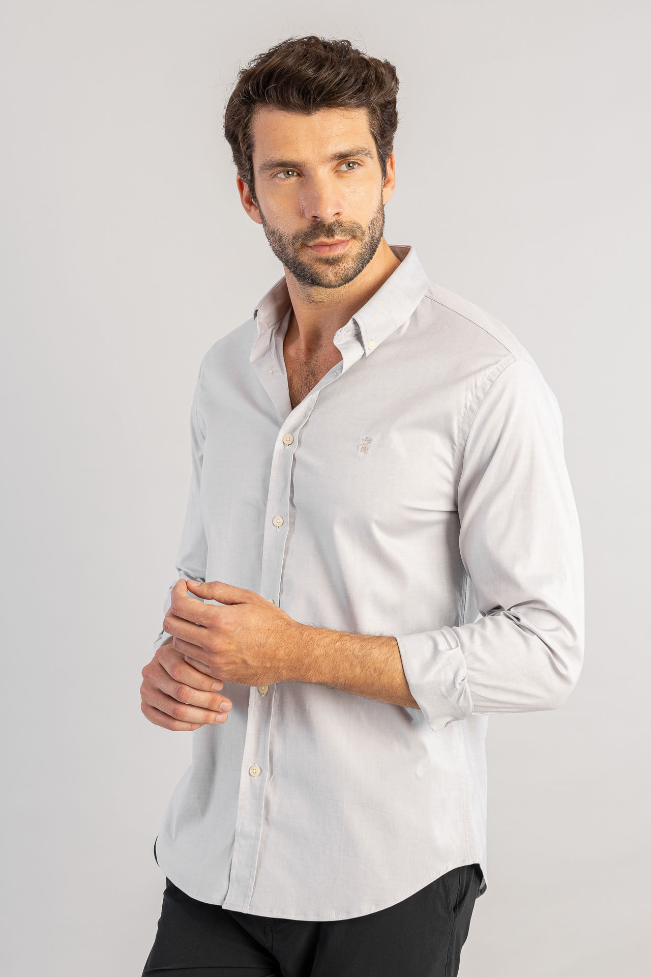 Camisa Oxford Elastano Button Down S26 - Cinza