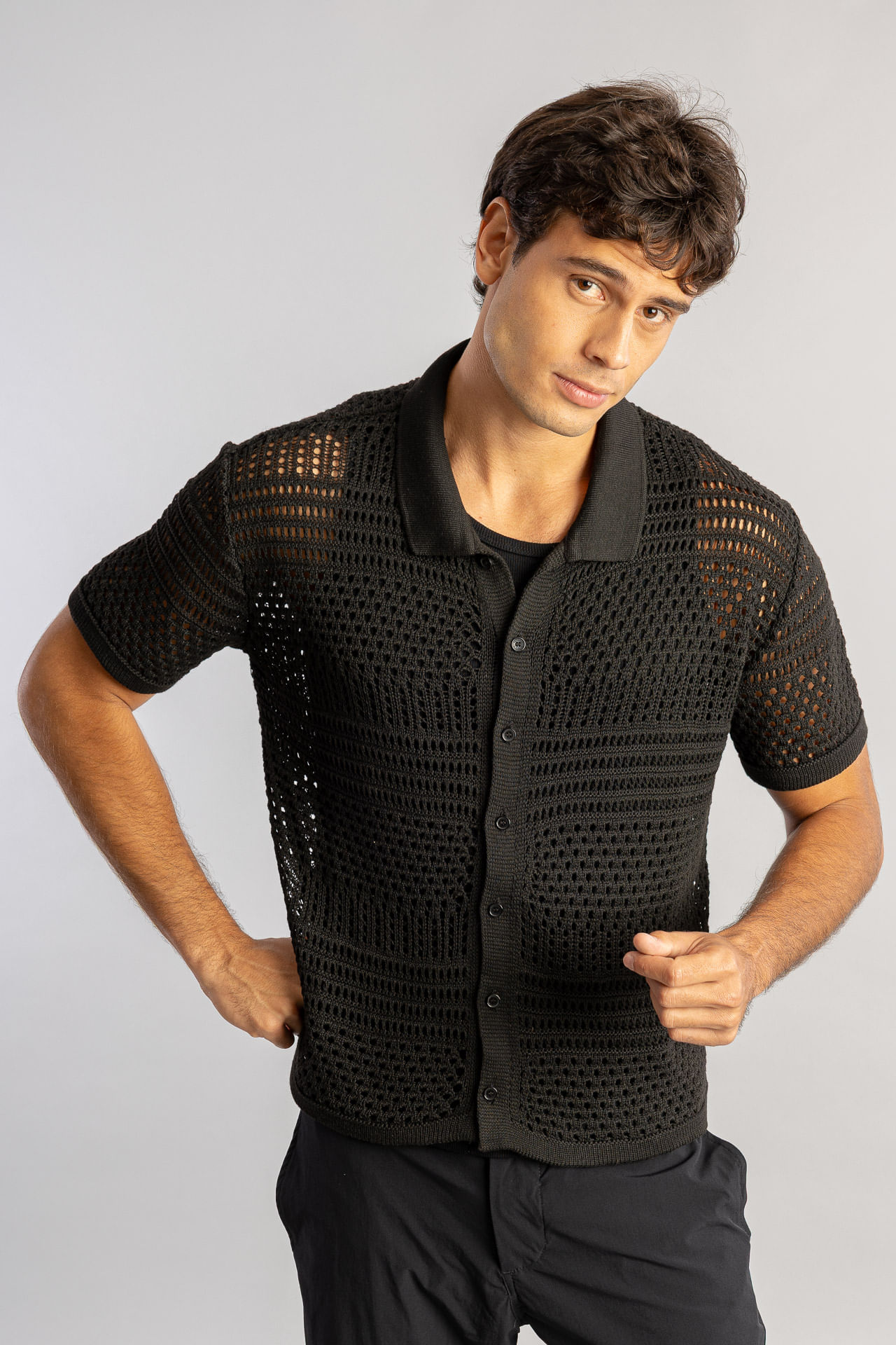 Camisa Tricot Ponto Crochê S26 - Preto