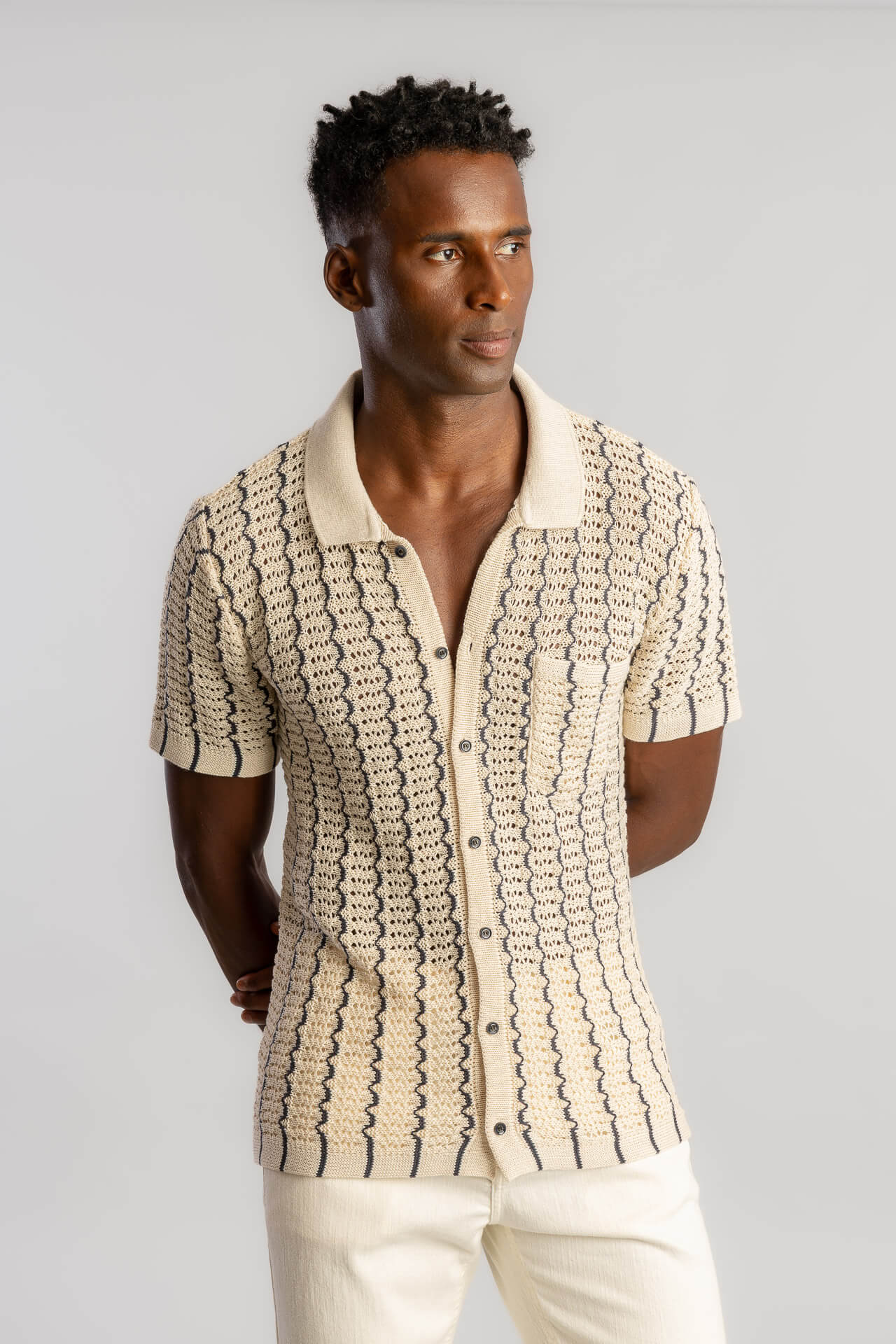 Camisa Tricot Zig Zag Com Bolso S26 - Areia