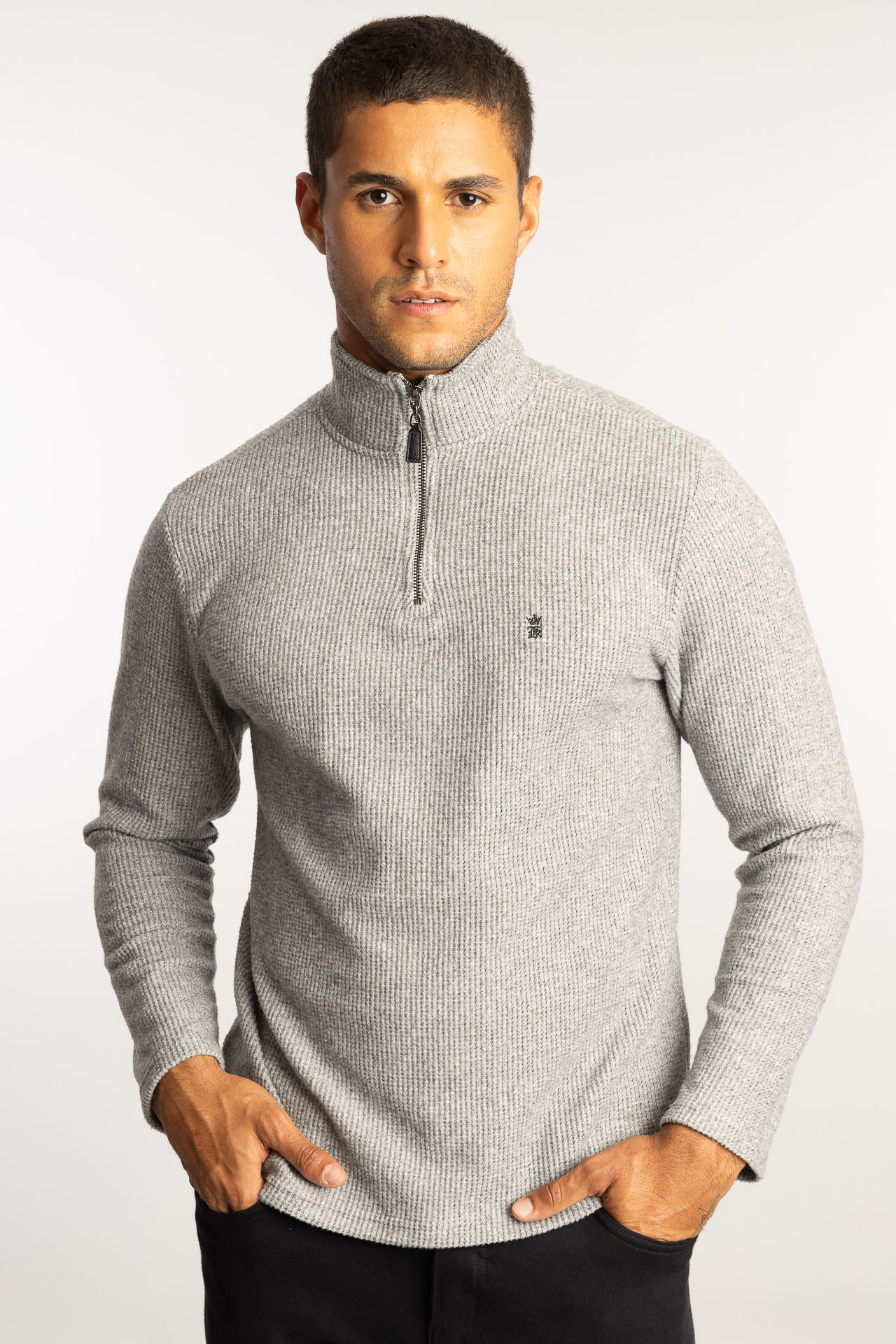 Moletom Meio Zíper Malha Tricot W26 - Cinza