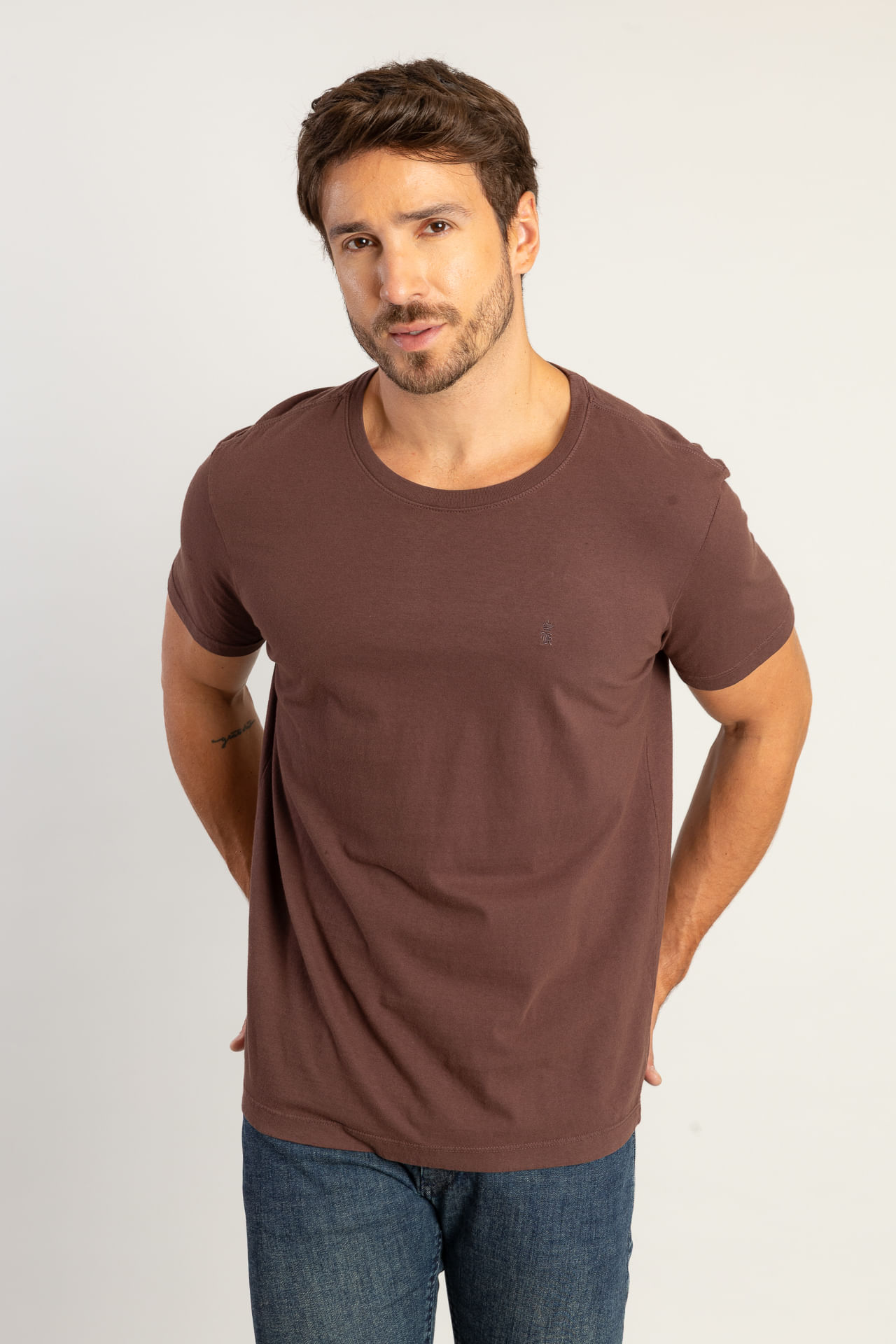 Camiseta De Algodão Gola Careca W26 - Café