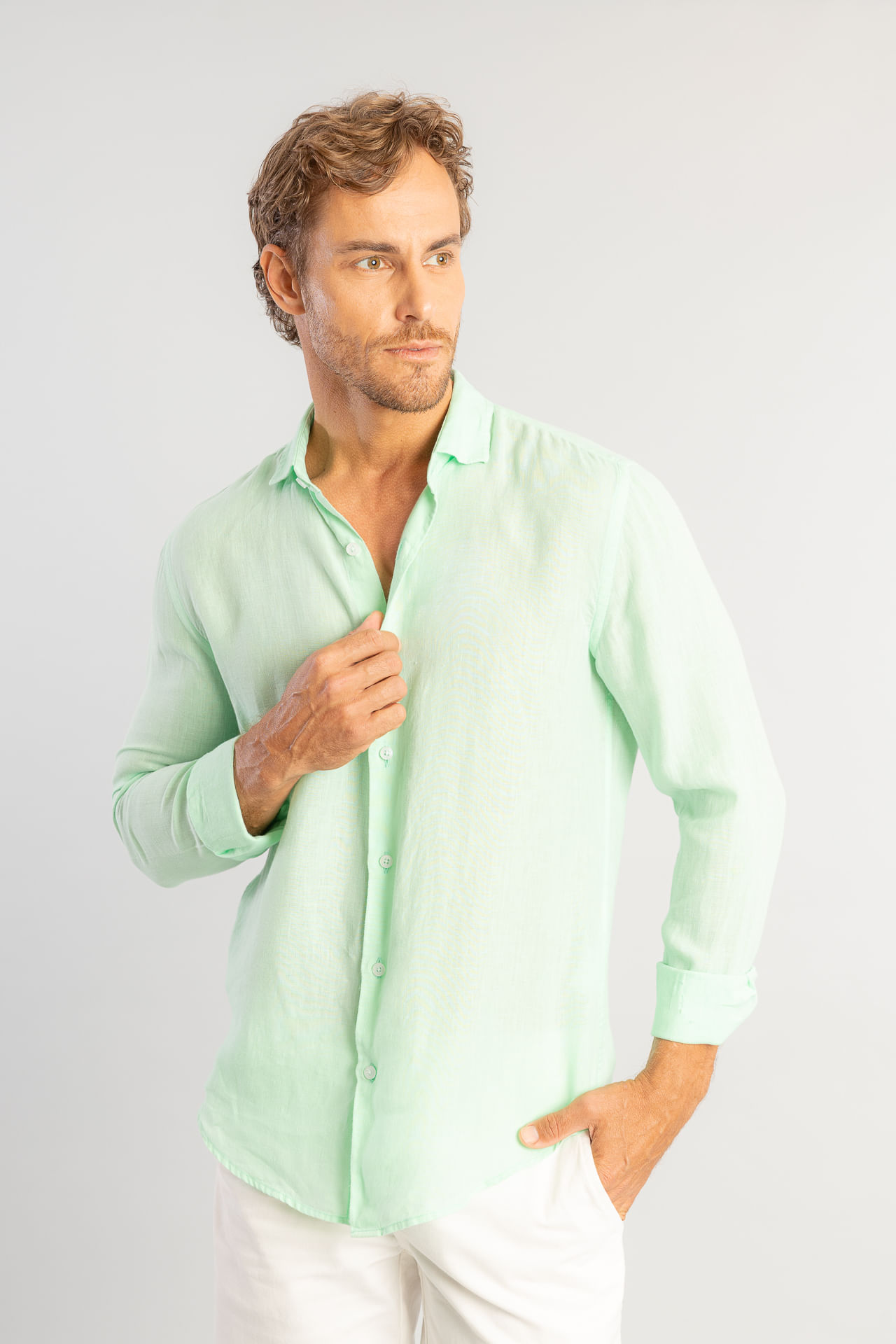 Camisa Linho Puro Tinturado W26 - Verde Agua