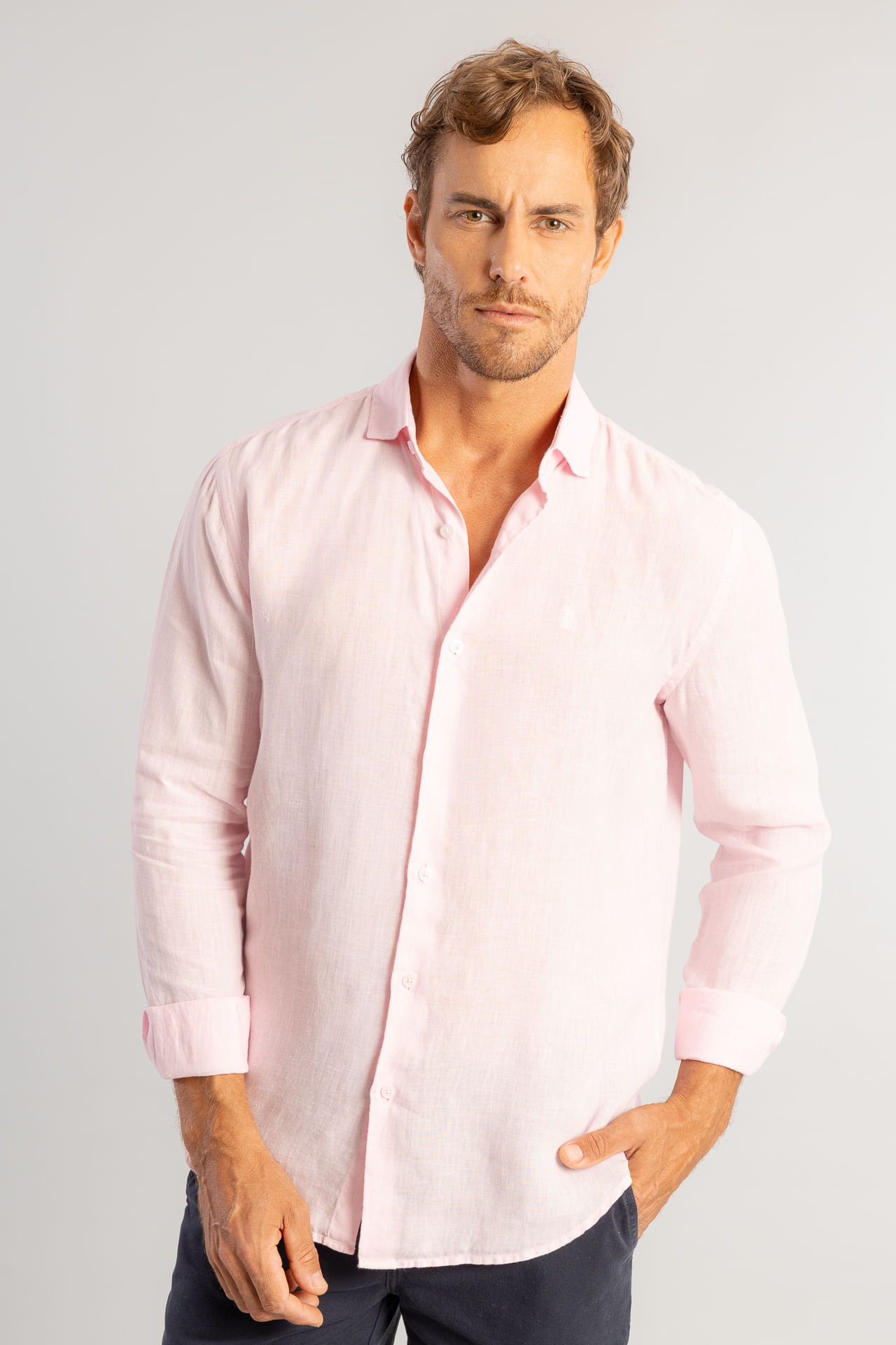 Camisa Linho Puro Tinturado W26 - Rosa Claro