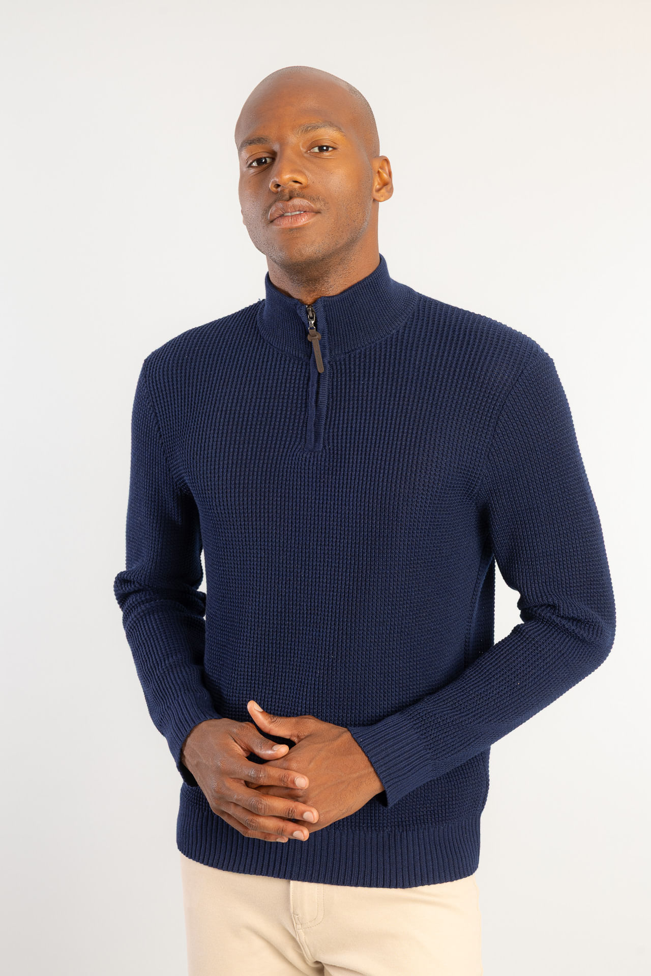 Tricot Waffle Meio Zíper W26 - Marinho
