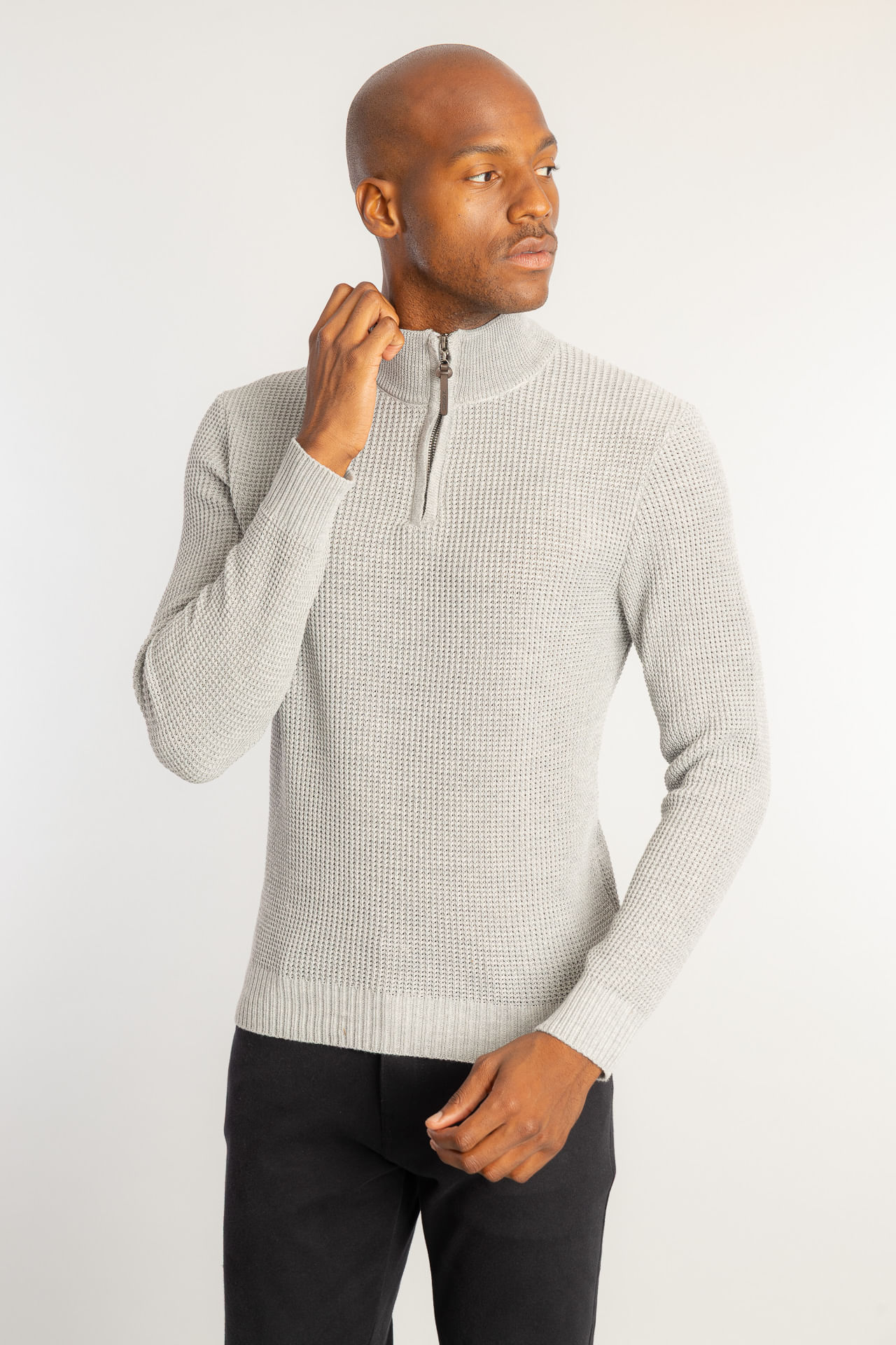 Tricot Waffle Meio Zíper W26 - Mescla Claro