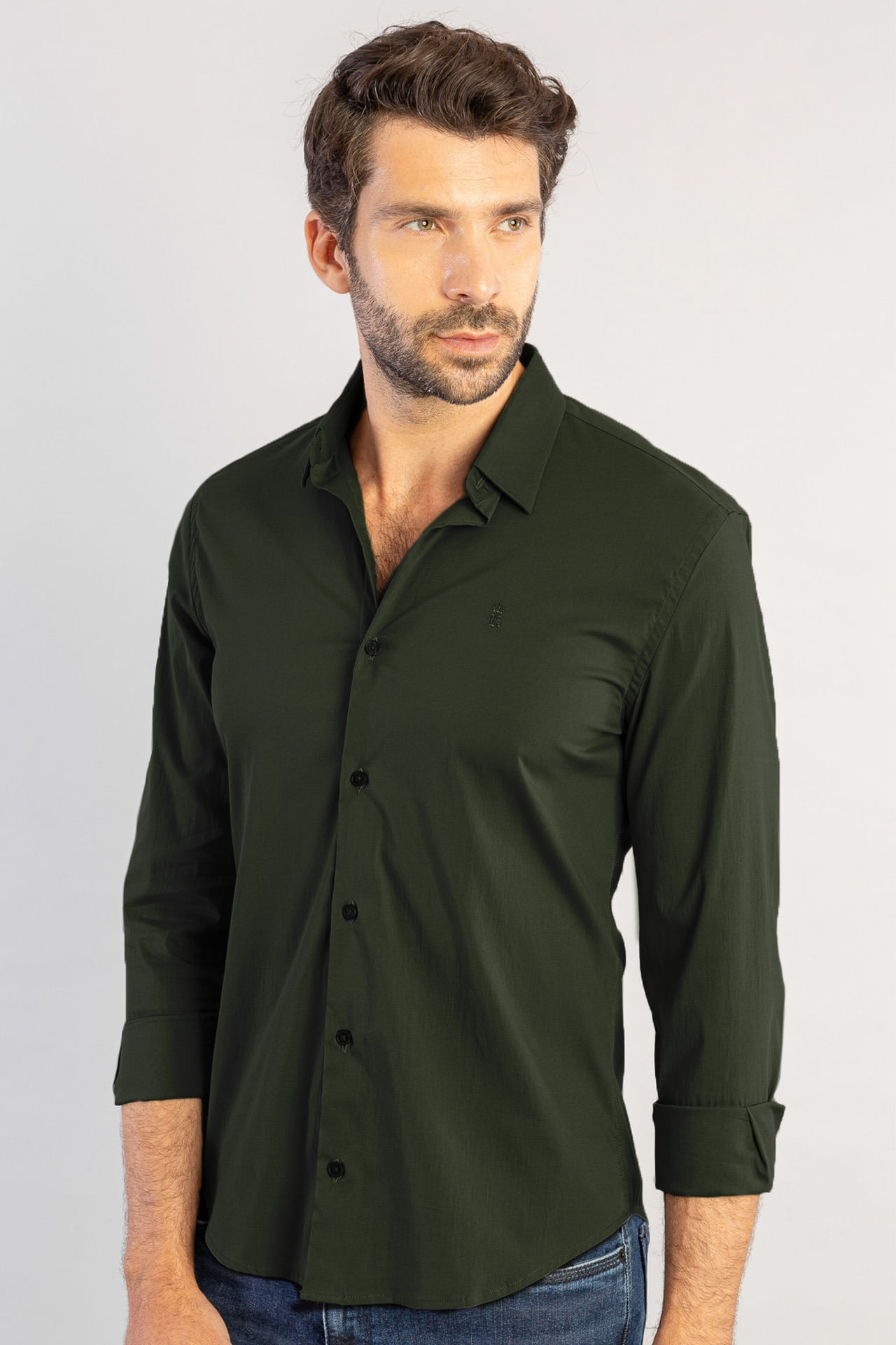 Camisa Tricoline Lisa Office - Verde Militar