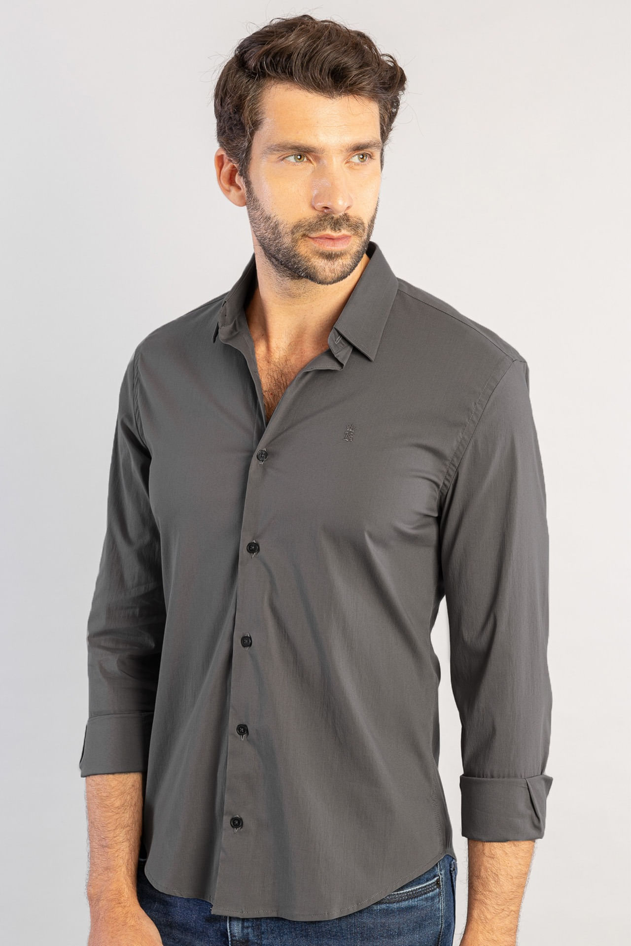 Camisa Tricoline Lisa Office - Chumbo